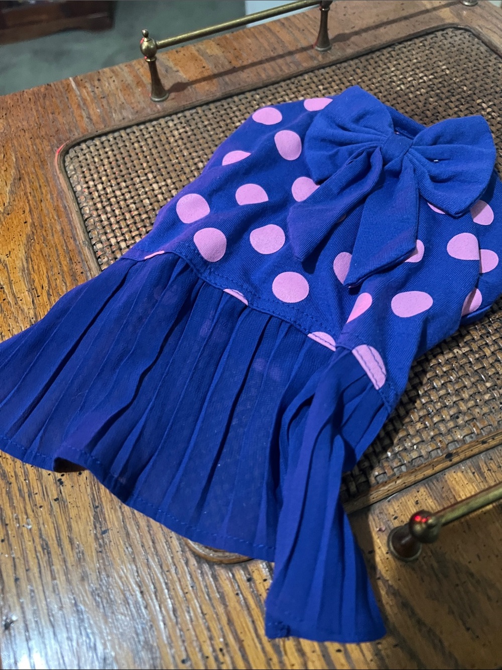 Top Paw Royal Blue Pleated Polka Dot Dog Dress with Bow